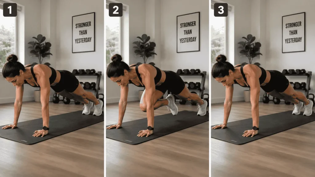 Step-by-step mountain climber exercise sequence showing high plank, knee drive, and return position on a yoga mat