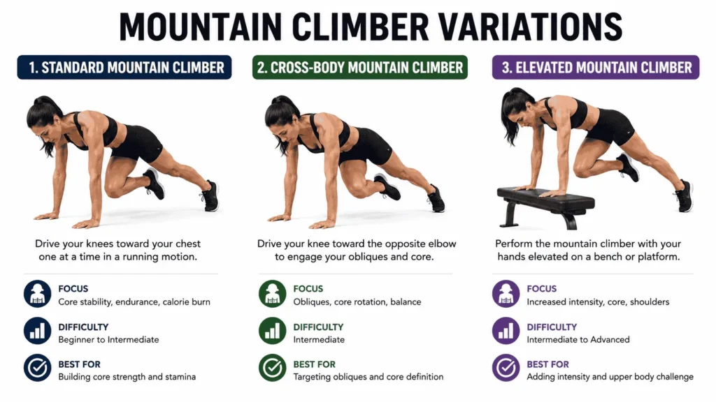 Infographic comparing standard, cross-body, and elevated mountain climber exercise variations for core and full-body workouts