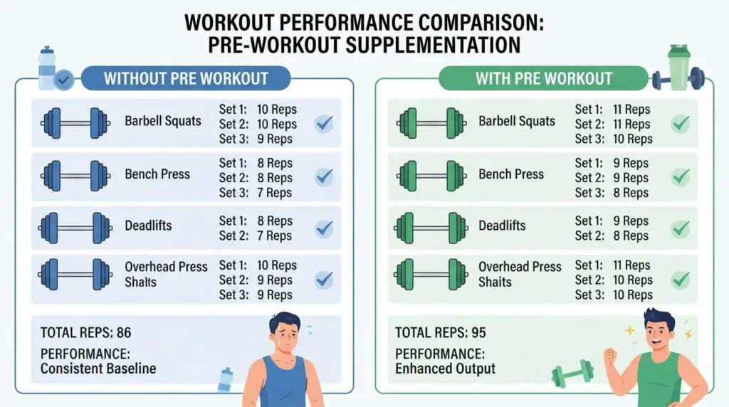 Infographic comparing caffeine levels in coffee, an energy drink, and a pre workout supplement.