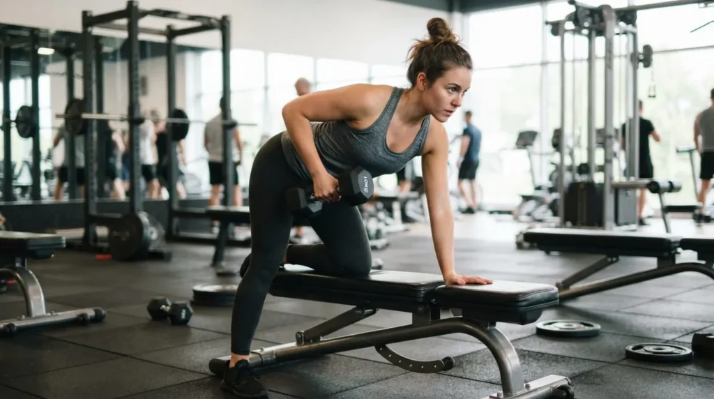 Beginner woman performing a dumbbell row on a flat bench in a bright modern gym with proper lifting form.
