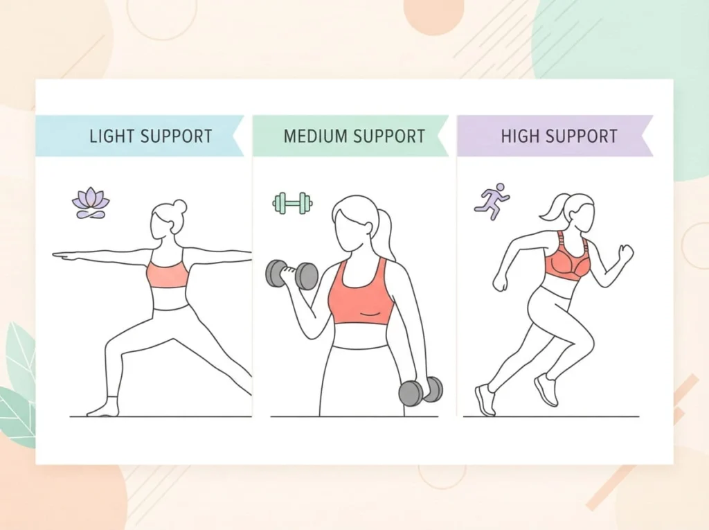 Women's Workout Sets: The Complete Guide To Fit, Fabric, And Style 14 Infographic comparing light, medium, and high support sports bras for women's workout sets by activity