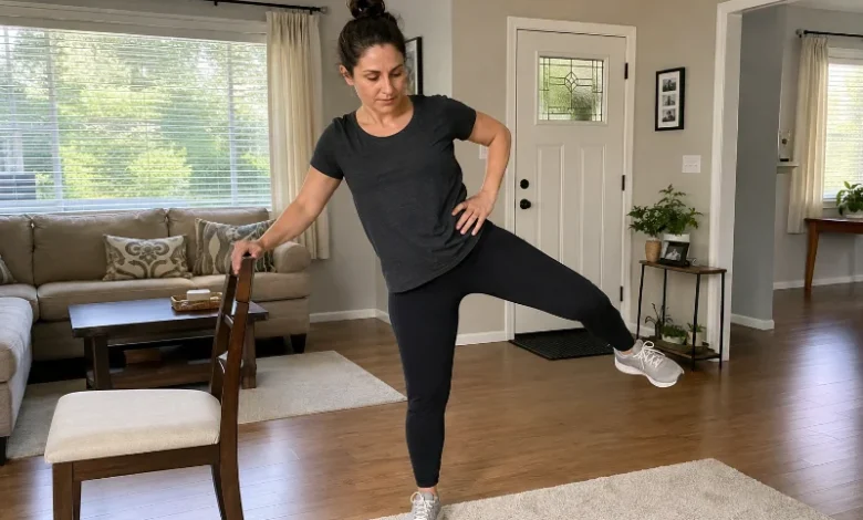 Woman performing standing leg raises for hip strength