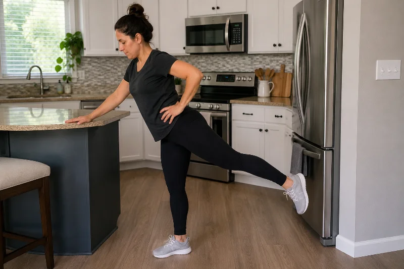 Standing back leg raise with support for balance