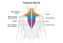 Anatomical diagram of the trapezius muscle showing upper, middle, and lower sections for a trapezius muscle workout