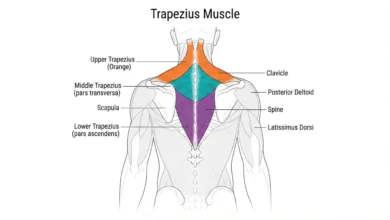 Anatomical diagram of the trapezius muscle showing upper, middle, and lower sections for a trapezius muscle workout