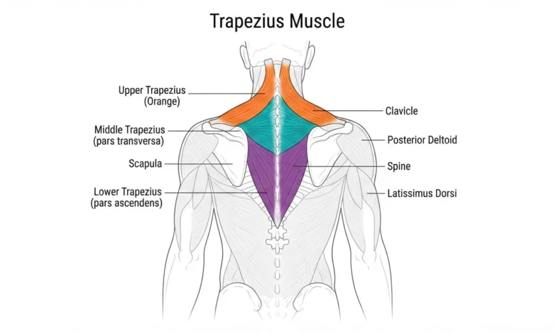 Anatomical diagram of the trapezius muscle showing upper, middle, and lower sections for a trapezius muscle workout
