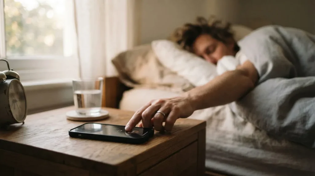 Close-up of a person's hand turning off a phone alarm on a bedside table before starting the day.