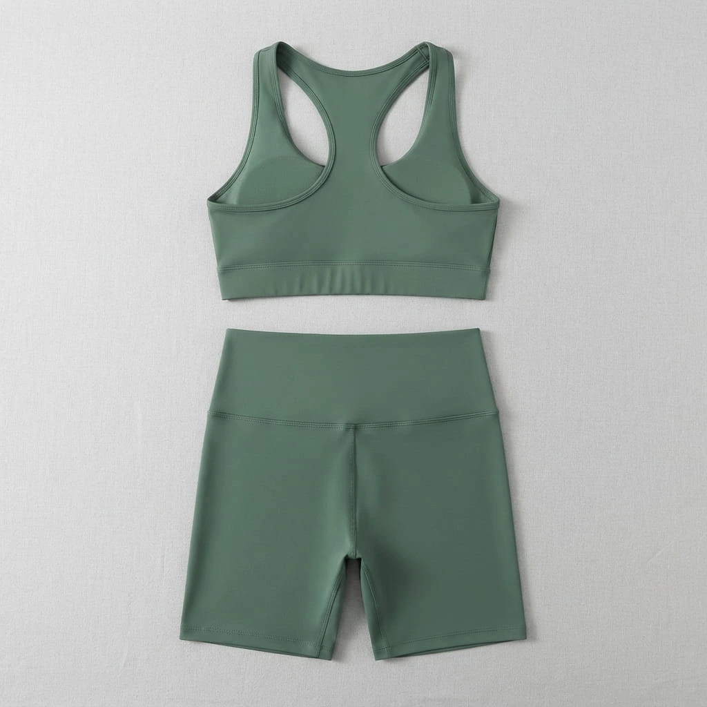 Women's Workout Sets: The Complete Guide To Fit, Fabric, And Style 15 Flat lay of a matching women's workout set with racerback sports bra and high-waisted biker shorts