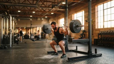 Gym Workouts: A Beginner's Guide To Getting Started The Right Way 19 Male athlete performing a barbell back squat in a modern gym during golden hour with squat rack and chalk dust in the air.