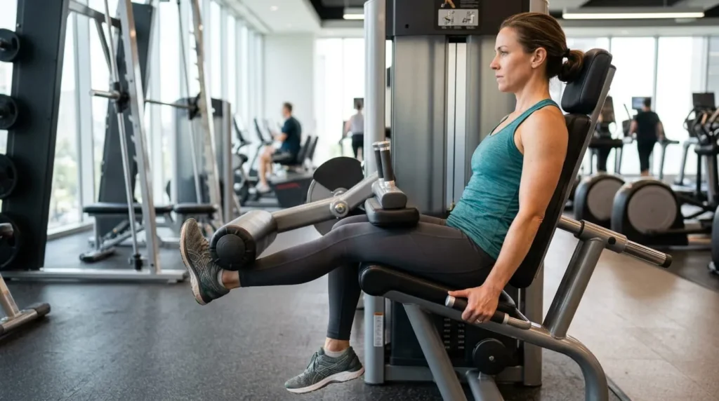 A lifter adjusting the thigh security pad on a seated leg curl machine.