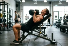 Athlete performing an incline dumbbell press at the correct incline bench press angle in a gym