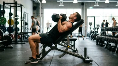 Athlete performing an incline dumbbell press at the correct incline bench press angle in a gym