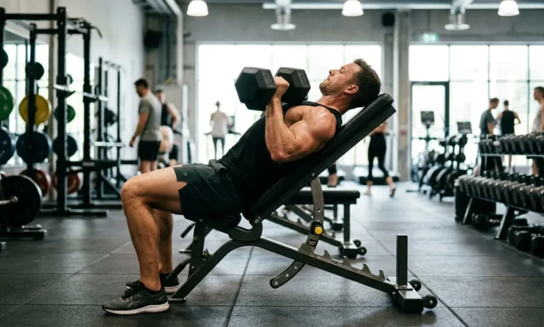 Incline Bench Press Angle: What Actually Builds the Upper Chest 13 Athlete performing an incline dumbbell press at the correct incline bench press angle in a gym