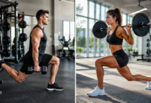Side-by-side comparison of a split squat vs lunge being performed with weights in a gym setting