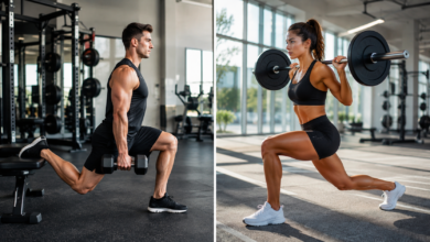 Side-by-side comparison of a split squat vs lunge being performed with weights in a gym setting
