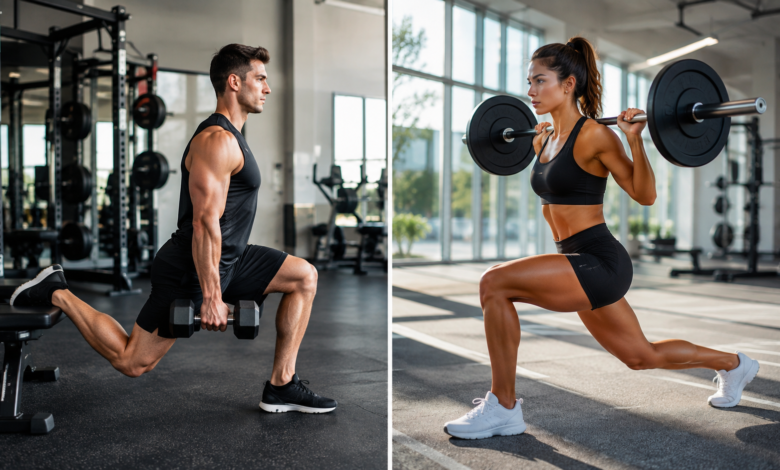 Side-by-side comparison of a split squat vs lunge being performed with weights in a gym setting