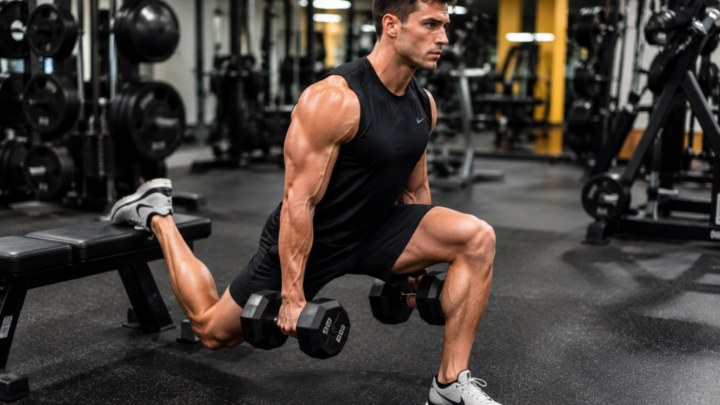 Athlete performing a rear foot elevated split squat to compare split squat vs lunge for muscle growth