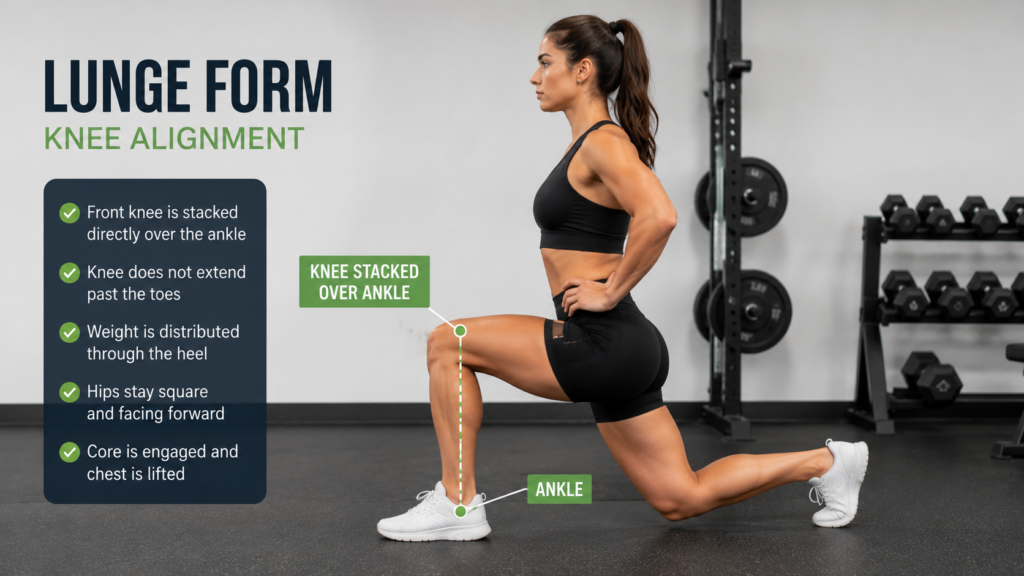 Correct front knee alignment shown during a lunge to avoid common split squat vs lunge form mistakes