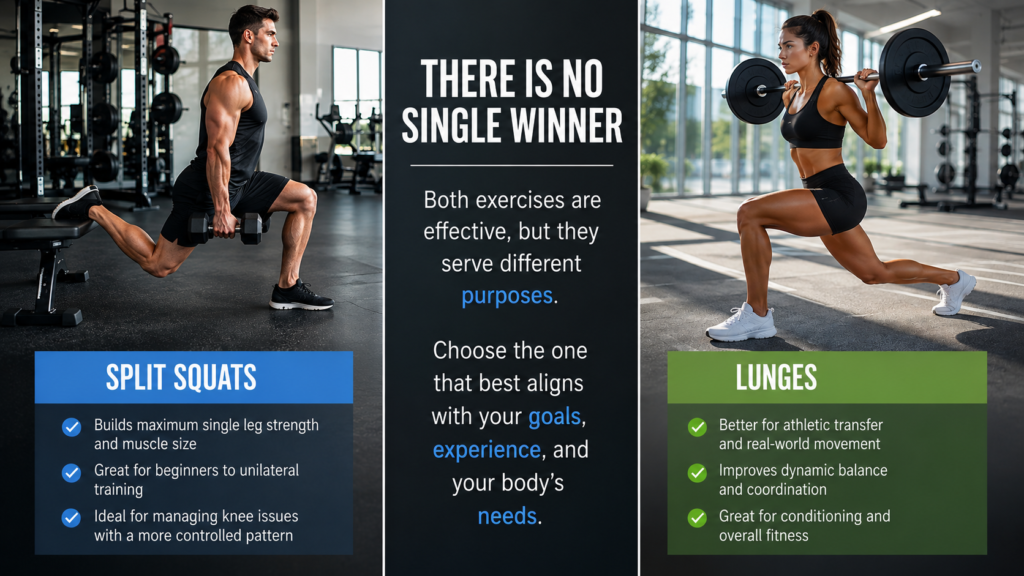 Split squats vs lunges comparison graphic showing benefits of each exercise