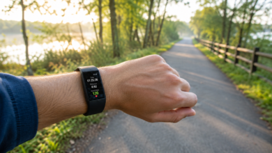 Person checking steps to calories burned data on a fitness tracker while walking