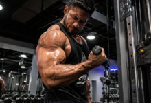Man showing a muscle pump in his arm while doing a bicep curl, illustrating what is a pump in the gym