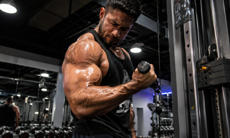Man showing a muscle pump in his arm while doing a bicep curl, illustrating what is a pump in the gym