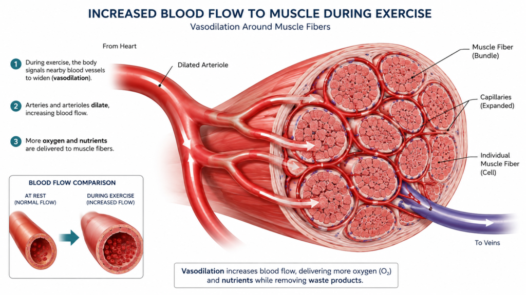 Diagram showing increased blood flow to a muscle, illustrating what is a pump in the gym at a physiological level