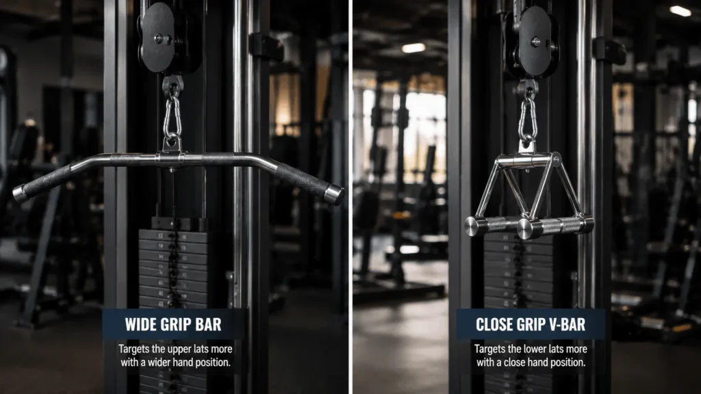 Close grip V-bar handle next to a wide grip bar for the lat pulldown machine