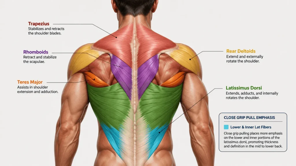 Anatomical diagram highlighting the muscles worked by the close grip lat pulldown