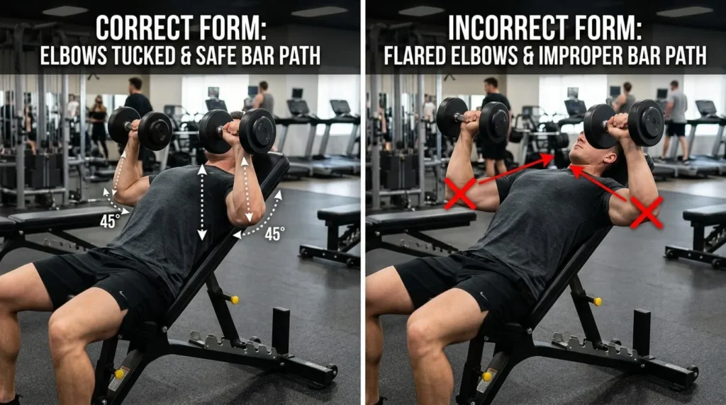 Incline Bench Press Angle: What Actually Builds the Upper Chest 16 Close up comparison of correct and incorrect elbow position during an incline bench press at the wrong angle