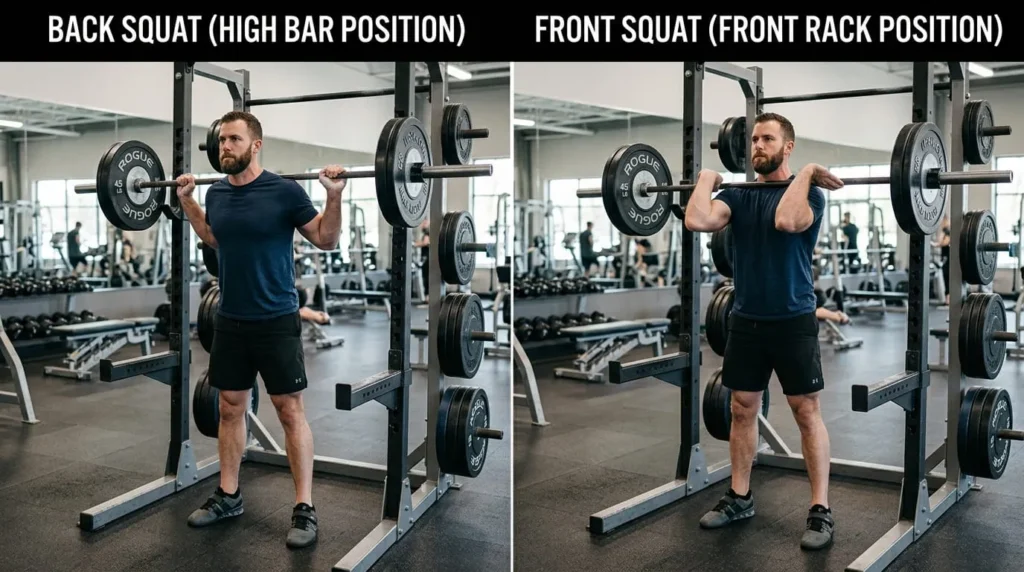 Comparison of back squat and front squat bar placement, two different types of squats with different muscle emphasis
