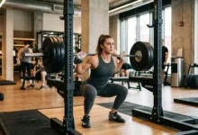 Athlete demonstrating proper depth on one of the different types of squats, the barbell back squat
