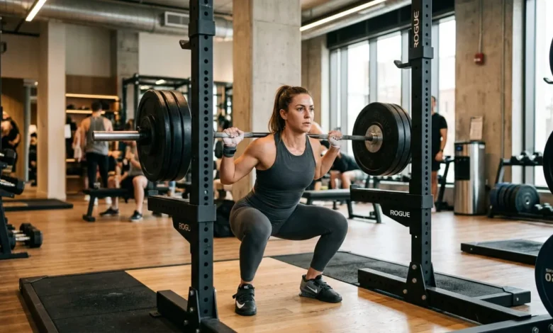 Athlete demonstrating proper depth on one of the different types of squats, the barbell back squat
