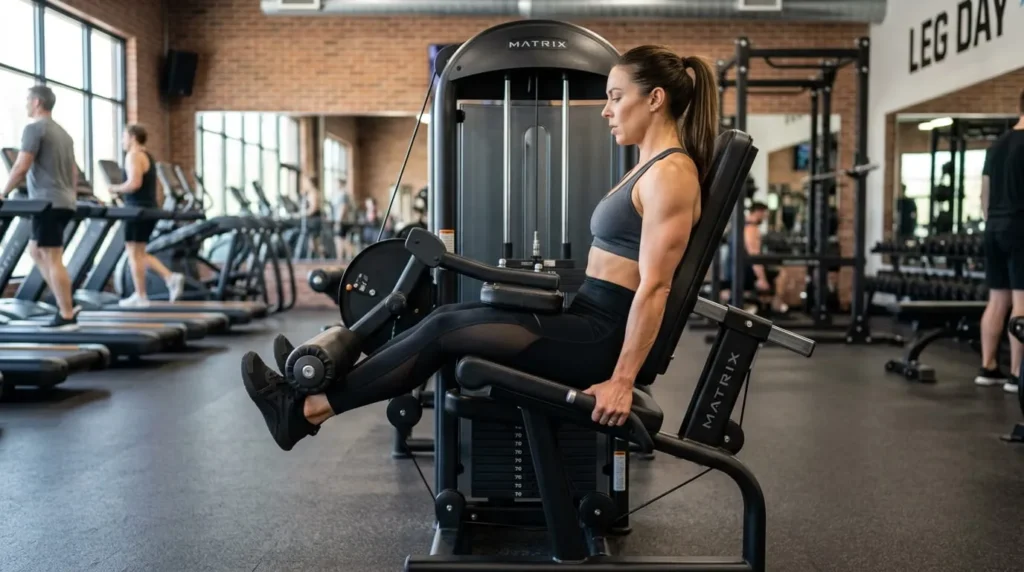 An athlete demonstrating proper form during the seated leg curl.