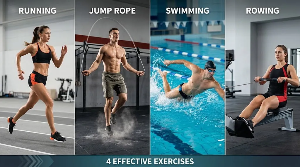 Four people demonstrating different exercises that burn the most calories side by side