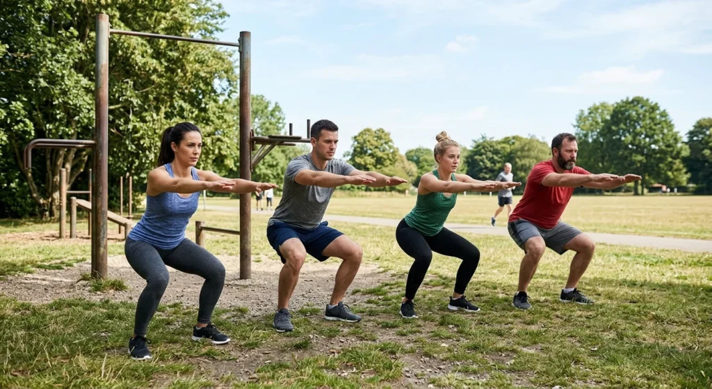 group performing military calisthenics workout squats outdoors