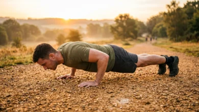 man performing push-up during military calisthenics workout outdoors