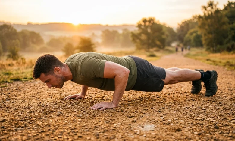 man performing push-up during military calisthenics workout outdoors