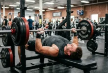 man performing chest and shoulder workout with barbell bench press