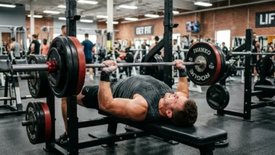 man performing chest and shoulder workout with barbell bench press