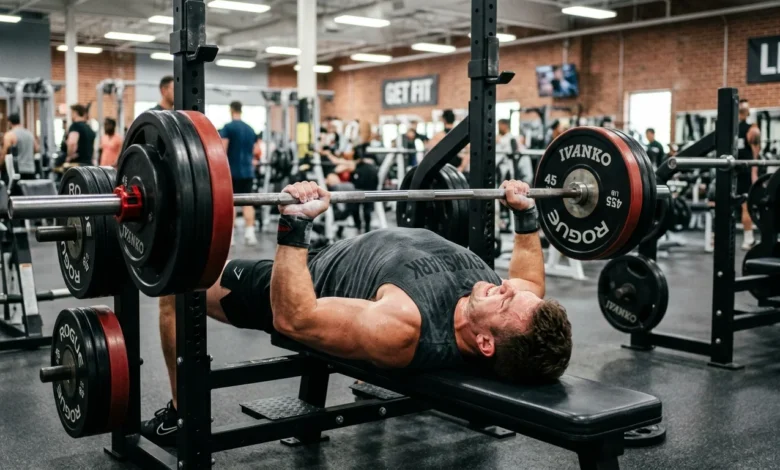 man performing chest and shoulder workout with barbell bench press