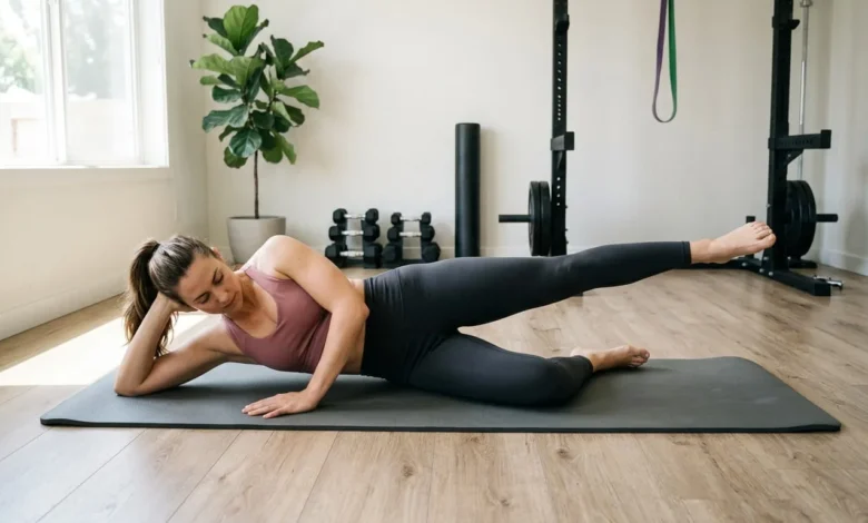 10 Gluteus Minimus Exercises for Stronger, More Stable Hips 13 Woman demonstrating gluteus minimus exercises with a side-lying leg raise