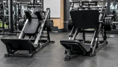 Hack squat vs leg press machines shown next to each other in a gym