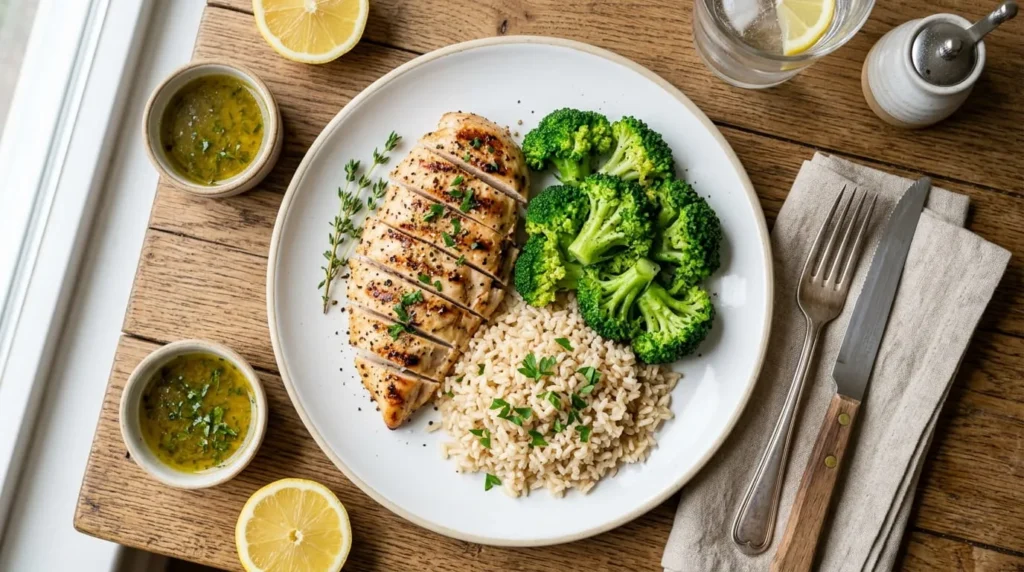Grilled chicken and vegetables plate, an example meal for how to get lean fast