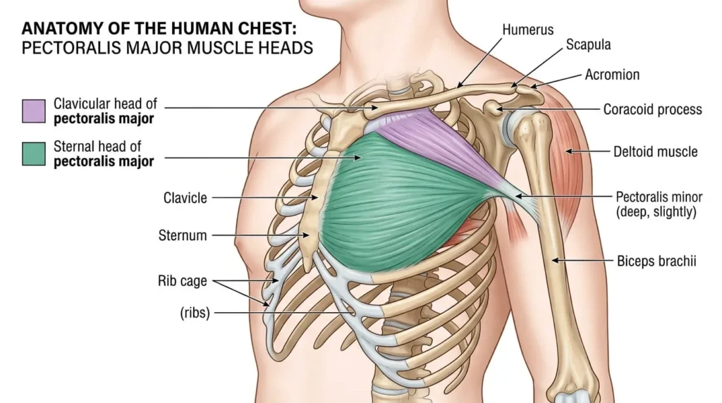 Incline Bench Press Angle: What Actually Builds the Upper Chest 14 Anatomical diagram showing upper and lower chest muscle fibers affected by incline bench press angle