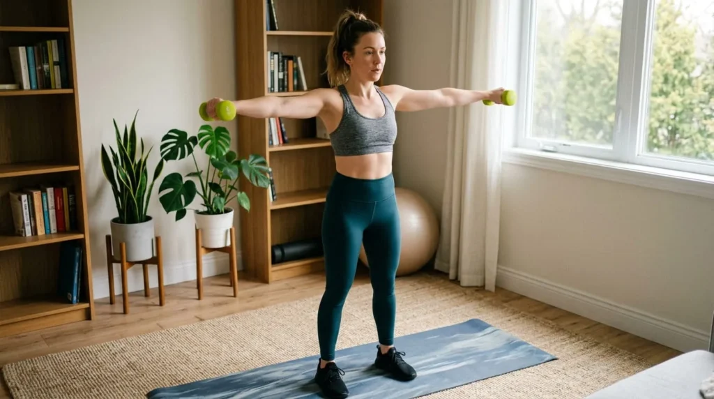 Pilates Arm Workout: 8 Exercises for Toned, Strong Arms 15 Woman doing arm circles with dumbbells as part of a pilates arm workout