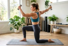 Woman performing a pilates arm workout exercise with light dumbbells on a mat