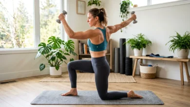 Woman performing a pilates arm workout exercise with light dumbbells on a mat