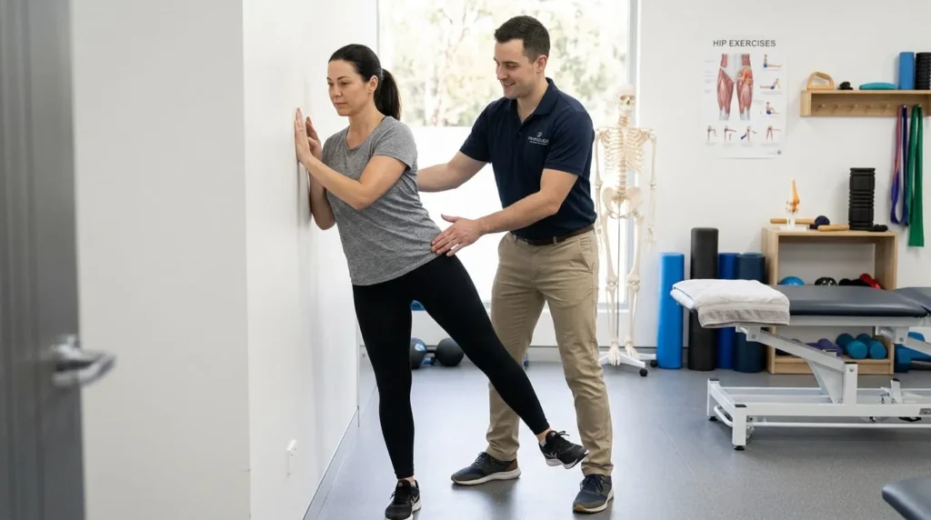 10 Gluteus Minimus Exercises for Stronger, More Stable Hips 15 Physical therapist guiding isometric gluteus minimus exercises for tendinopathy recovery