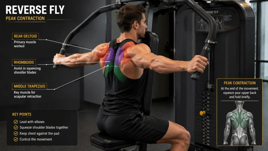 Reverse fly machine peak contraction with shoulder blades squeezed together